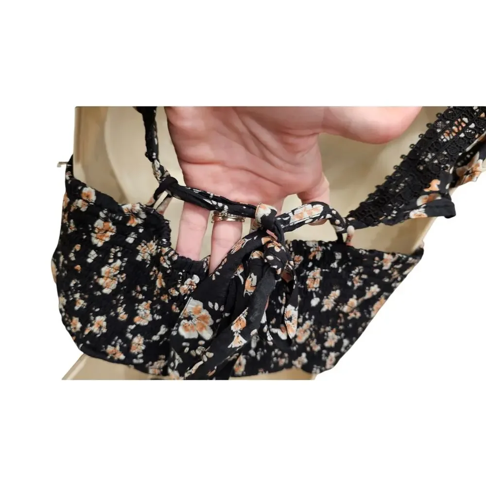 Free People Top Bijou Square Neck Floral Ruffle Sleeve Shoulder Tie Size 8 boho - Picture 6 of 9